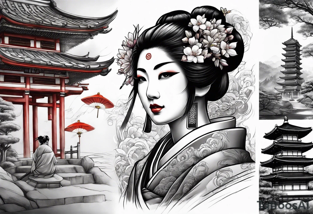 Geisha,samurai,buddah,pagoda,torri gate tattoo idea