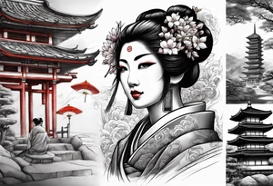 Geisha,samurai,buddah,pagoda,torri gate tattoo idea