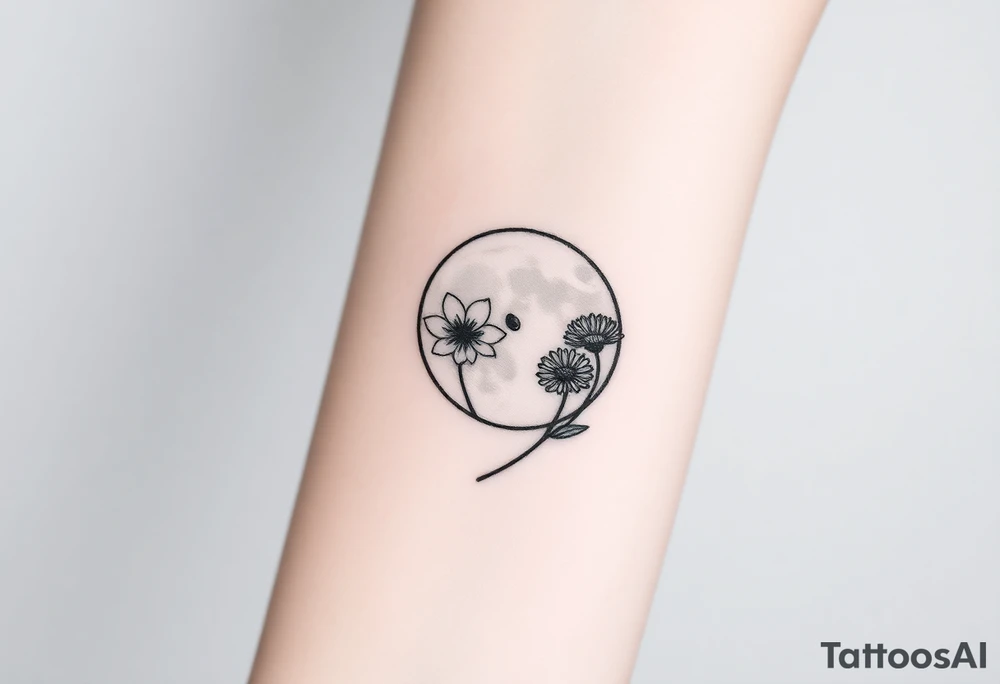 Small black and white tattoo full moon with small chrysanthemum and tiny scorpio gliph inside moon tattoo idea