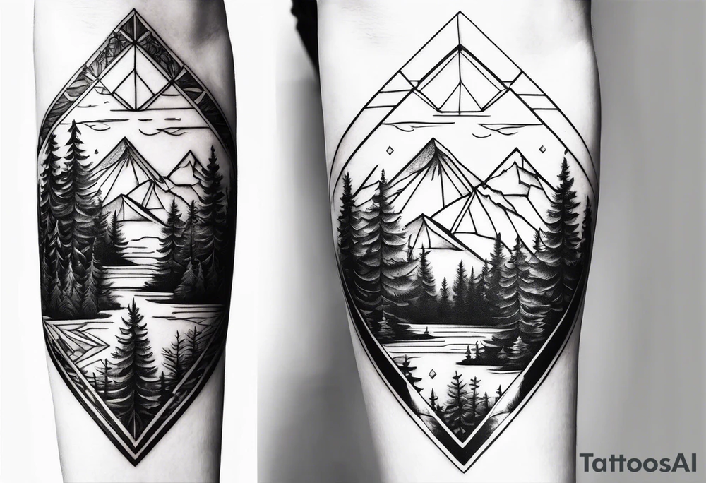 a forest along the edges with mountains below and in the distance with full trees and a diamond in the middle tattoo idea