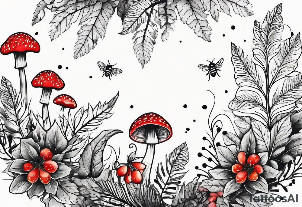 forest floor inspired minimalist tattoo, which includes grass, curly ferns and dead leaves as the bulk of the tattoo. details to include: three very tiny strawberries, a tiny bumblebee flying nearby, three small brown mushrooms
Generate a vertically long one tattoo idea