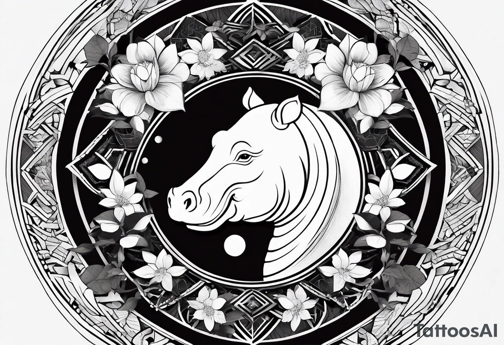 Very asymmetrical, +geometric pattern, with realistic full moon, with seeious looking hippo, +zen feel, + Buddhism touch, +tribal, +geometric
with wintersweet flower bud, +portrait orientation, +inkart touch, tattoo idea