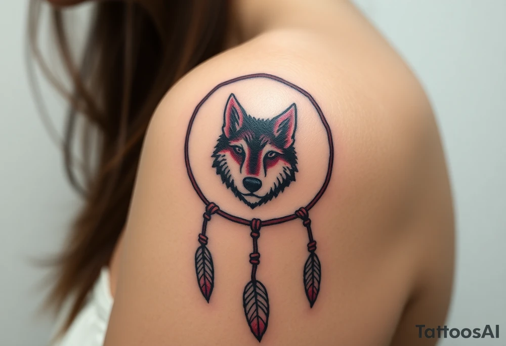 A wolf’s paw print in the center of a dreamcatcher, with the wolf’s face subtly peeking through. The dreamcatcher threads are light brown, and the paw print is shaded in dark pink with hints of violet around the edges. tattoo idea