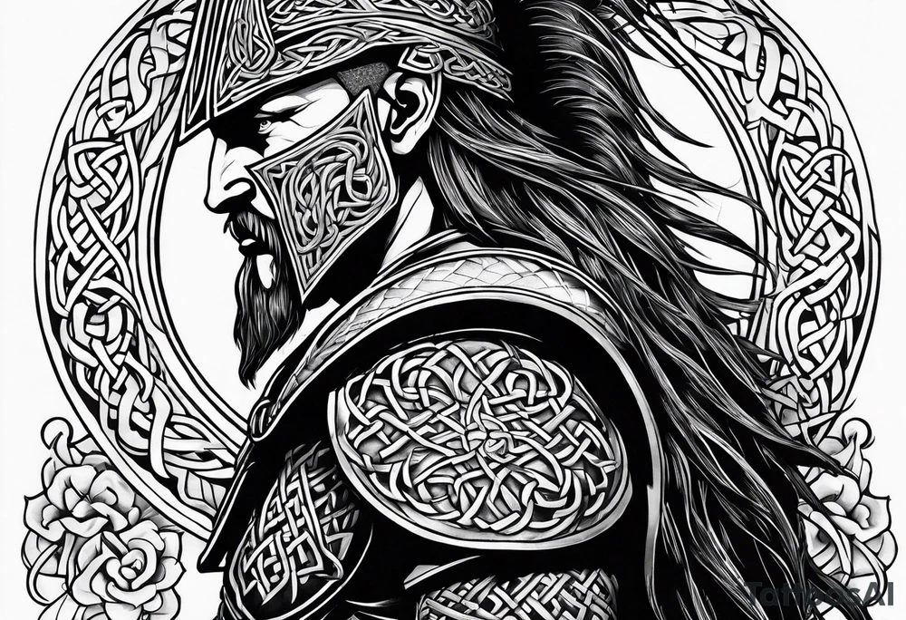Full body side profile of a Celtic warrior with weapons, facing from left to right tattoo idea