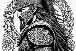 Full body side profile of a Celtic warrior with weapons, facing from left to right tattoo idea