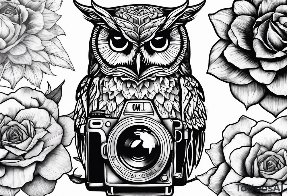 Sunflower, camera, book, owl, flower rose tattoo idea