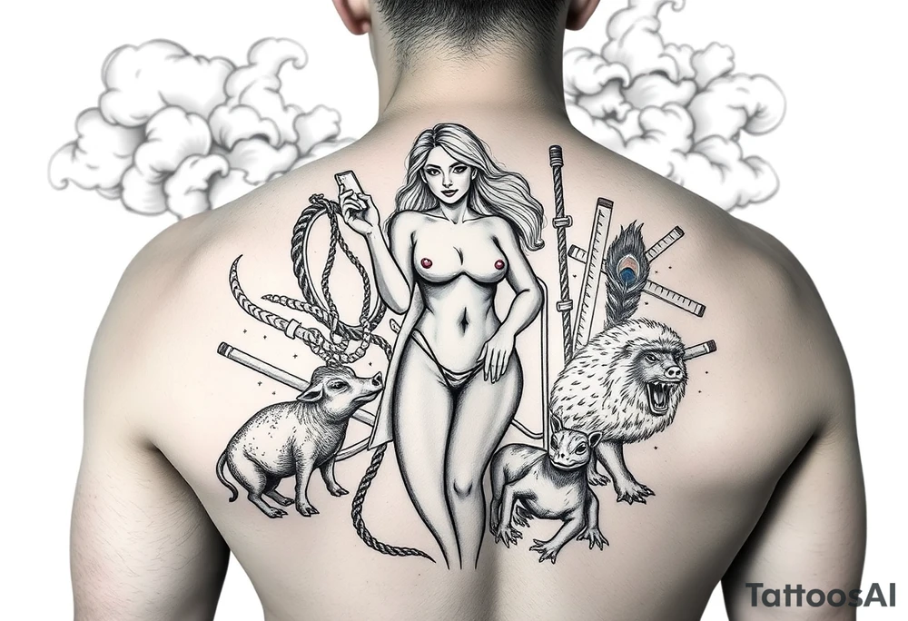 Storm clouds, sexy fat naked woman, mirror, noose, cigerettes, sex, pig, peacock, goat, lion, frog, razor blades, carousel tattoo idea