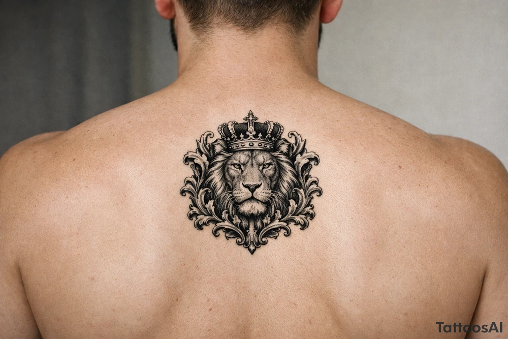 powerful majestic lion with a crown, framed by ornate floral scrollwork tattoo idea