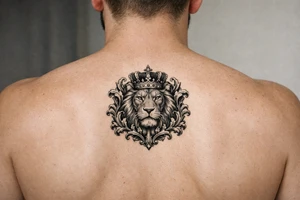 powerful majestic lion with a crown, framed by ornate floral scrollwork tattoo idea