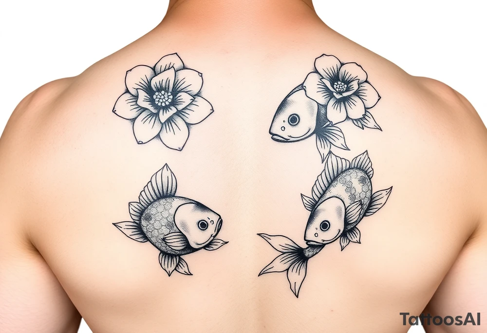 Flowers. Japanese fishes. 3 hands for children tattoo idea