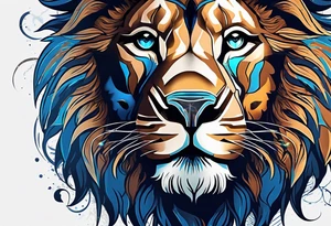 face of a lion with a third eye. Left eye blue, right eye brown. The third eye on the forehead is abstract. Around the muzzle there is a compass bezel tattoo idea