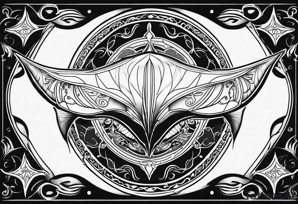 Tattoo sketch of manta ray in outline, without shadows and background, made of sacred ornament tattoo idea