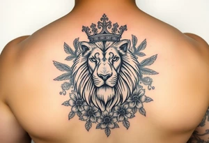 powerful majestic lion with a crown, surrounded by floral ornaments and birds tattoo idea
