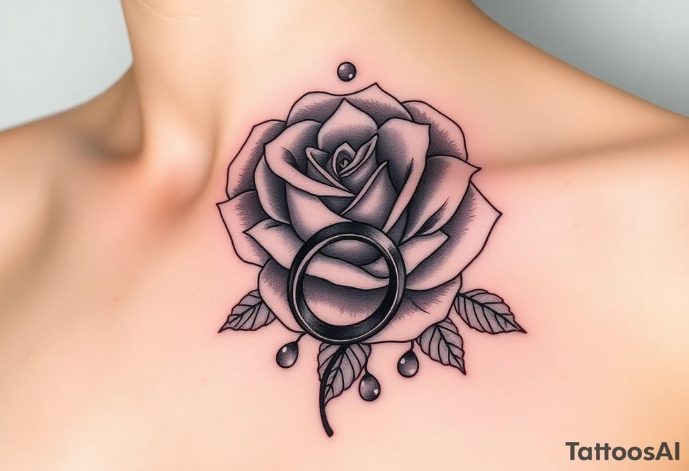 A majestic blooming rose wrapped around a two wedding rings, with dewdrops reflecting light tattoo idea