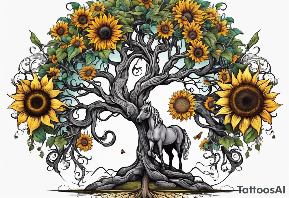 Yggdrasil tree, horse, sunflower tattoo idea