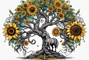 Yggdrasil tree, horse, sunflower tattoo idea