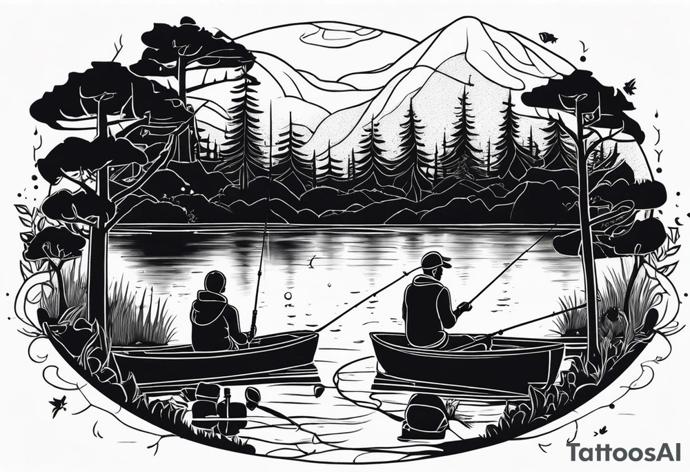 Father, son, and daughter fishing in a lake surrounded by trees. tattoo idea