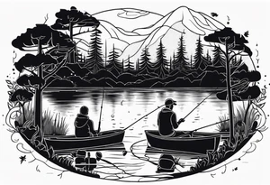 Father, son, and daughter fishing in a lake surrounded by trees. tattoo idea