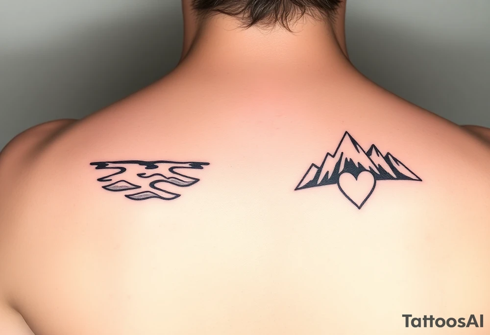 Small and simplistic milestone birthday couples tattoos, one with a water theme, one with a mountain theme and both having a heart. tattoo idea