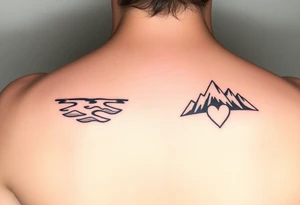 Small and simplistic milestone birthday couples tattoos, one with a water theme, one with a mountain theme and both having a heart. tattoo idea