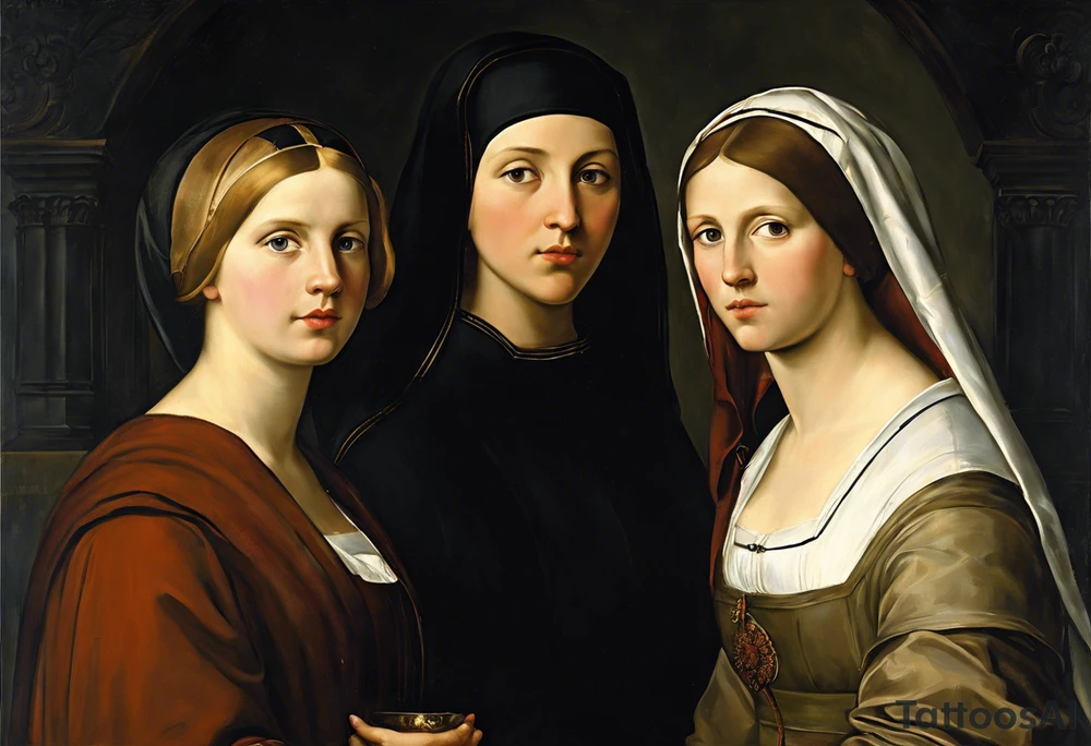 3 webliche Menschen die nebeneinander stehen. Die linke ist ein junges mädchen, die mittlere eine reife Frau, die rechte eine sehr alte frau. Sie blicken  nach vorne.
Es sind 3 weberinen. Sie symbolisisren die moiren, alte schicksalsgöttinen. tattoo idea