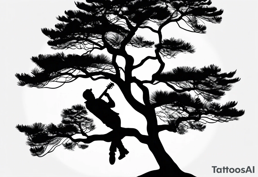 silhouette of a man playing electric guitar while sitting in a pine tree. super simple sketch tattoo idea