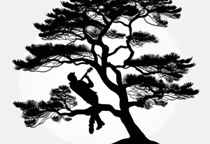 silhouette of a man playing electric guitar while sitting in a pine tree. super simple sketch tattoo idea