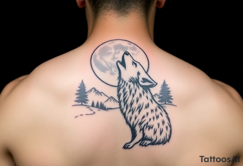 lone wolf howling at full moon with northern lights backdrop tattoo idea