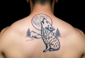 lone wolf howling at full moon with northern lights backdrop tattoo idea