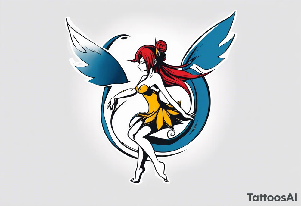 A fairy with a tail inspired by the logo of the show called Fairy Tail in a fetal position leaning in tattoo idea