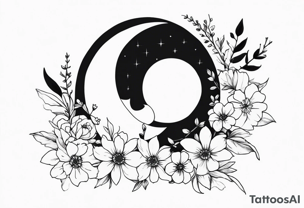 Crescent moon with flowers tattoo idea