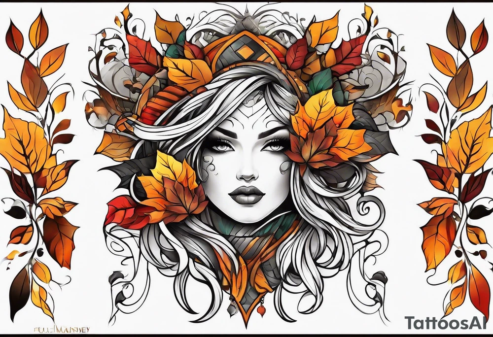 Arm Sleeve Tattoo with fall colors flat tattoo idea