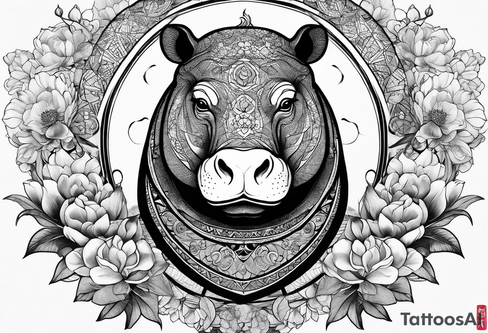 Very asymmetrical, +geometric pattern, with realistic full moon, with seeious looking hippo, +zen feel, + Buddhism touch,
with wintersweet flower bud, +portrait orientation, +inkart touch, tattoo idea