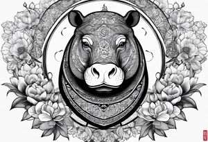 Very asymmetrical, +geometric pattern, with realistic full moon, with seeious looking hippo, +zen feel, + Buddhism touch,
with wintersweet flower bud, +portrait orientation, +inkart touch, tattoo idea