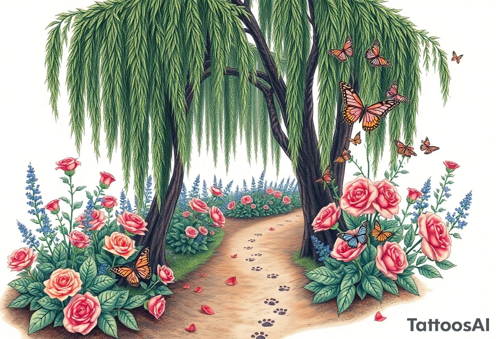 weeping willow garden with roses and liles flower beds. fantasy creatures, fairies, mermiads, dragons butterflies,  cat paw prints path in dirt. tattoo idea