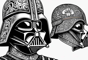 Darth Vader helmet cut in half and other half skull in Roman gladiator style tattoo idea