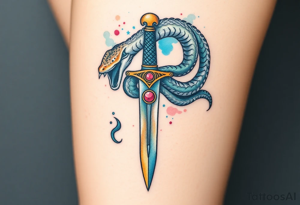 mystical snake coiled around an ancient dagger with jeweled hilt tattoo idea