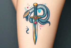 mystical snake coiled around an ancient dagger with jeweled hilt tattoo idea