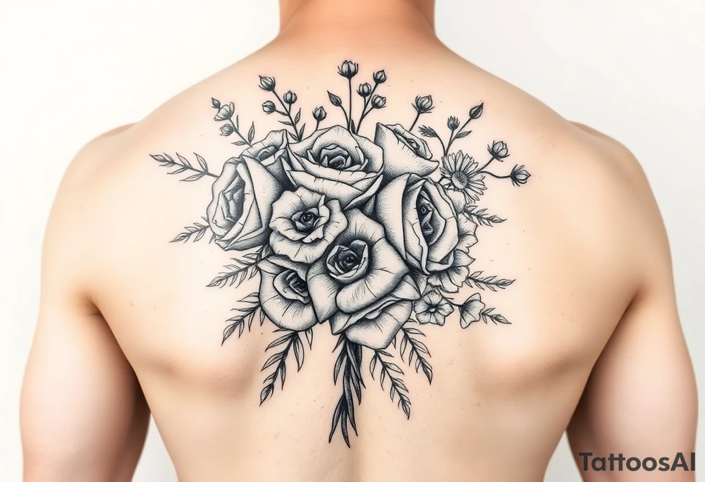 vintage bouquet of wild roses and meadow flowers with morning dew tattoo idea