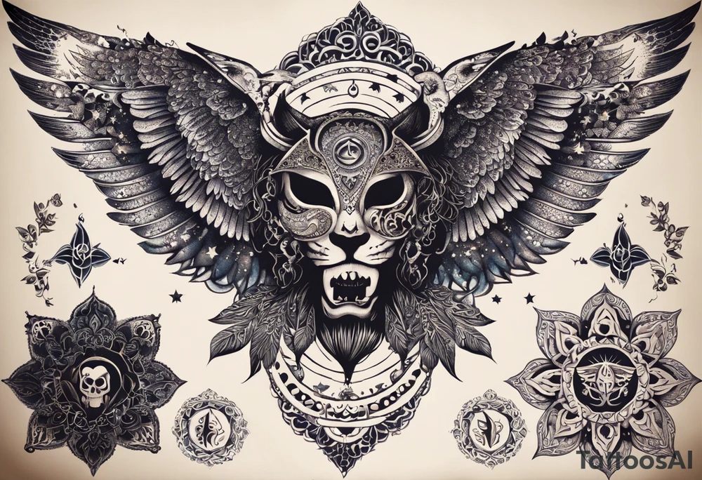 black kali, goddess pirate, alien, angel, pachamama, valkrye, warrior, flying, skull, lotus azul, wing, eagle, zenza resonance, stars, 5D, anahata chakra, death, durga, riding on a tiger, flying lady, kundalini, chest tatoo tattoo idea