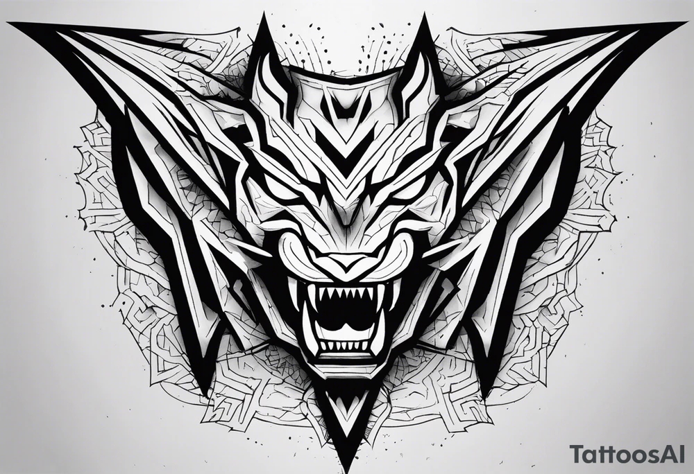 A tattoo designed for the knee, featuring the face of a mitological beast with wild, exaggerated features, such as sharp fangs, intense eyes, and a snarling expression. The design incorporates large areas of white space for contrast, with beams of light or energy radiating outward from the beast’s eyes in a chaotic and powerful pattern. The overall look should be bold and primal, with flowing lines that adapt naturally to the curvature of the knee. tattoo idea