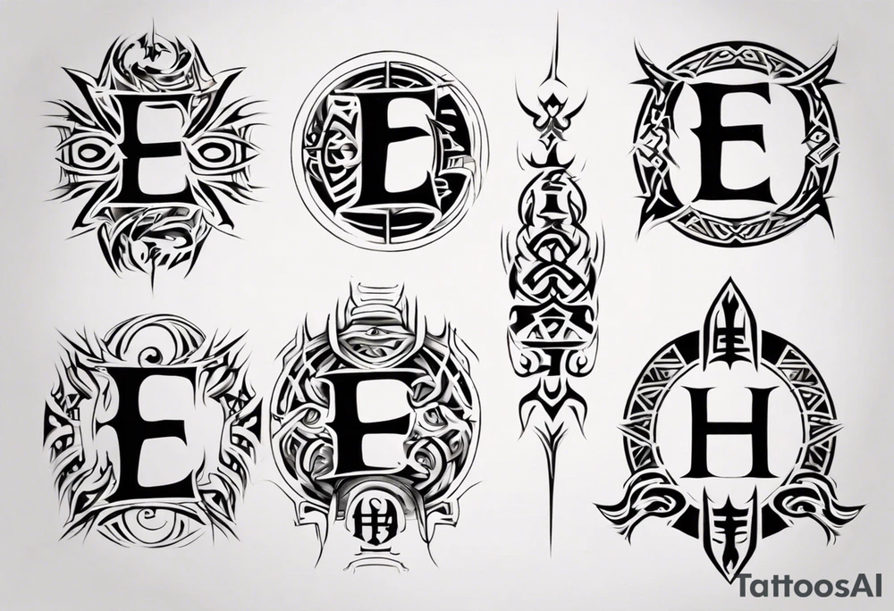 combine the letters E and H with tribal pattern tattoo idea