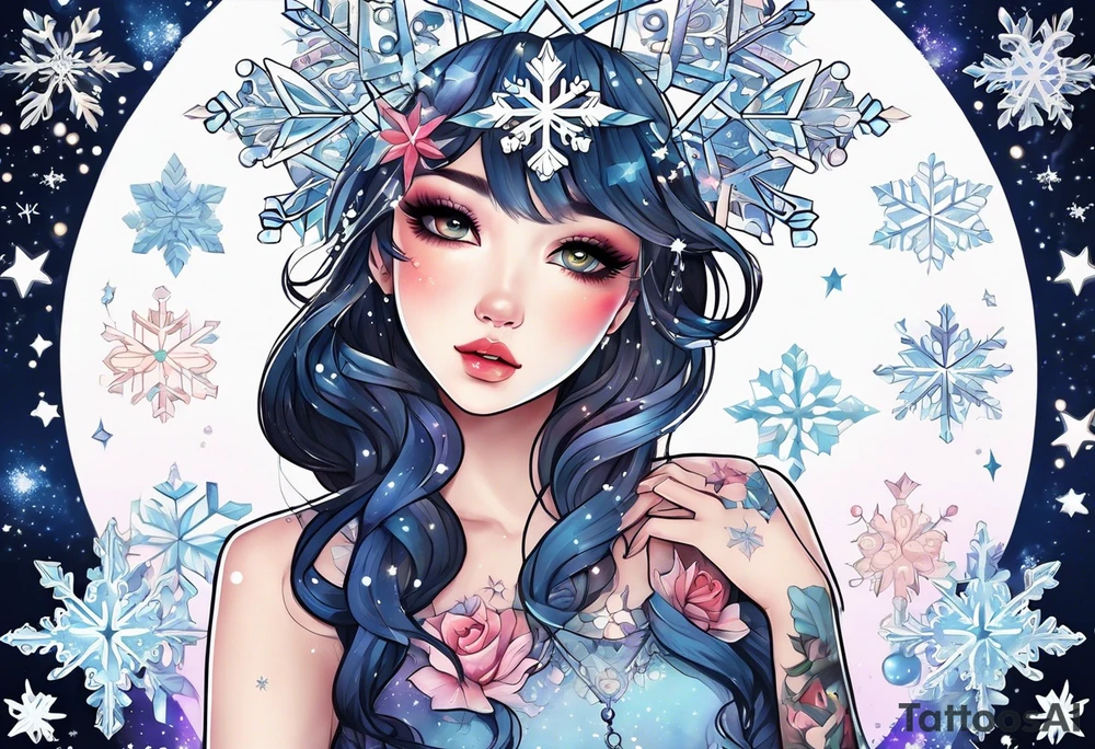 Constellation, kawaii girl , snowflake tattoo idea
