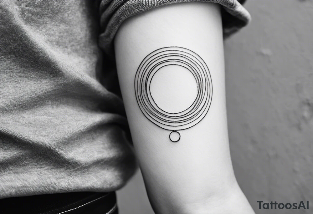 Here’s a description for the second idea:

	Minimalist black-and-white tattoo above the inner elbow, featuring two overlapping open circles, one slightly larger than the other, symbolizing the connection between a parent and child. At the point where the circles intersect, a fine lifeline begins, representing the start of their shared journey. The design uses thin, clean lines for an elegant, symbolic look that illustrates growth and unity. tattoo idea