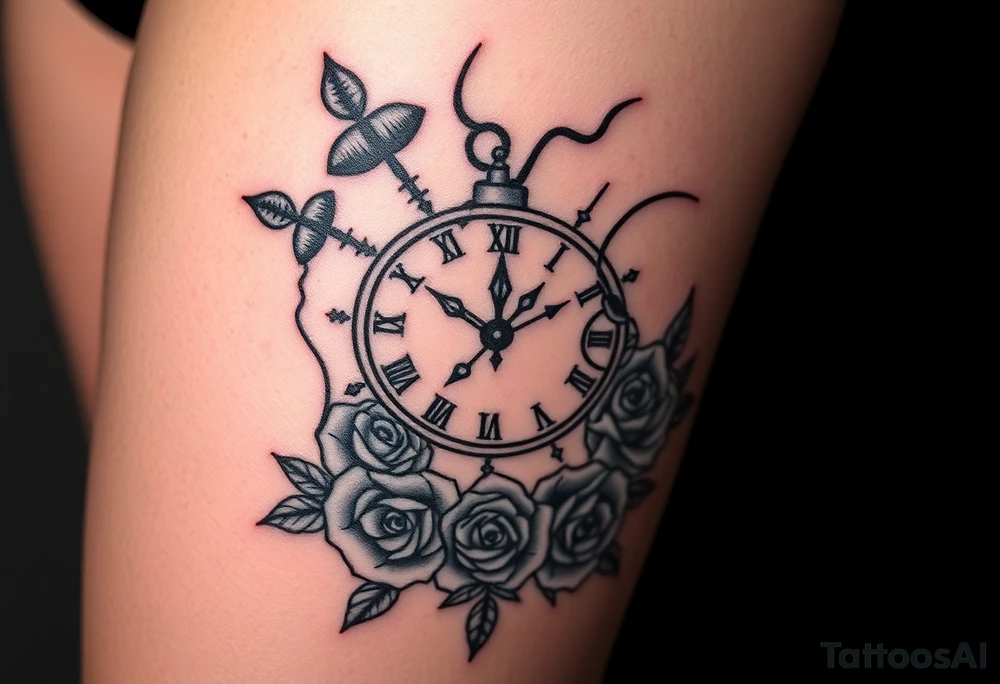 Broken Clock face 11:43 as set time. With roses and skull looking to the clock feminine tattoo idea