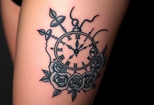 Broken Clock face 11:43 as set time. With roses and skull looking to the clock feminine tattoo idea