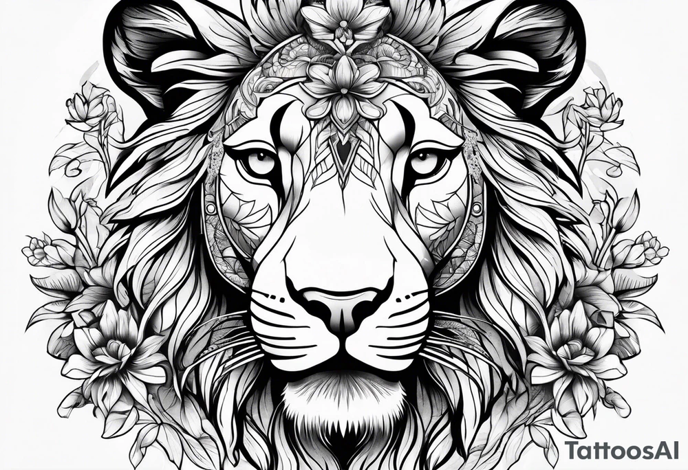 lioness head with with floral head tattoo idea
