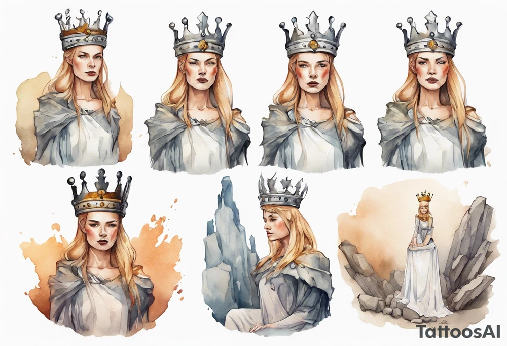 a Germanic queen wearing a simple iron crown sitting on a stone throne tattoo idea