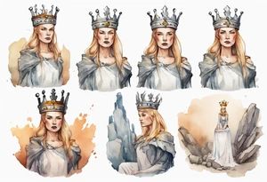 a Germanic queen wearing a simple iron crown sitting on a stone throne tattoo idea