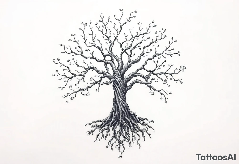 mystical tree of life with cosmic roots and celestial branches tattoo idea